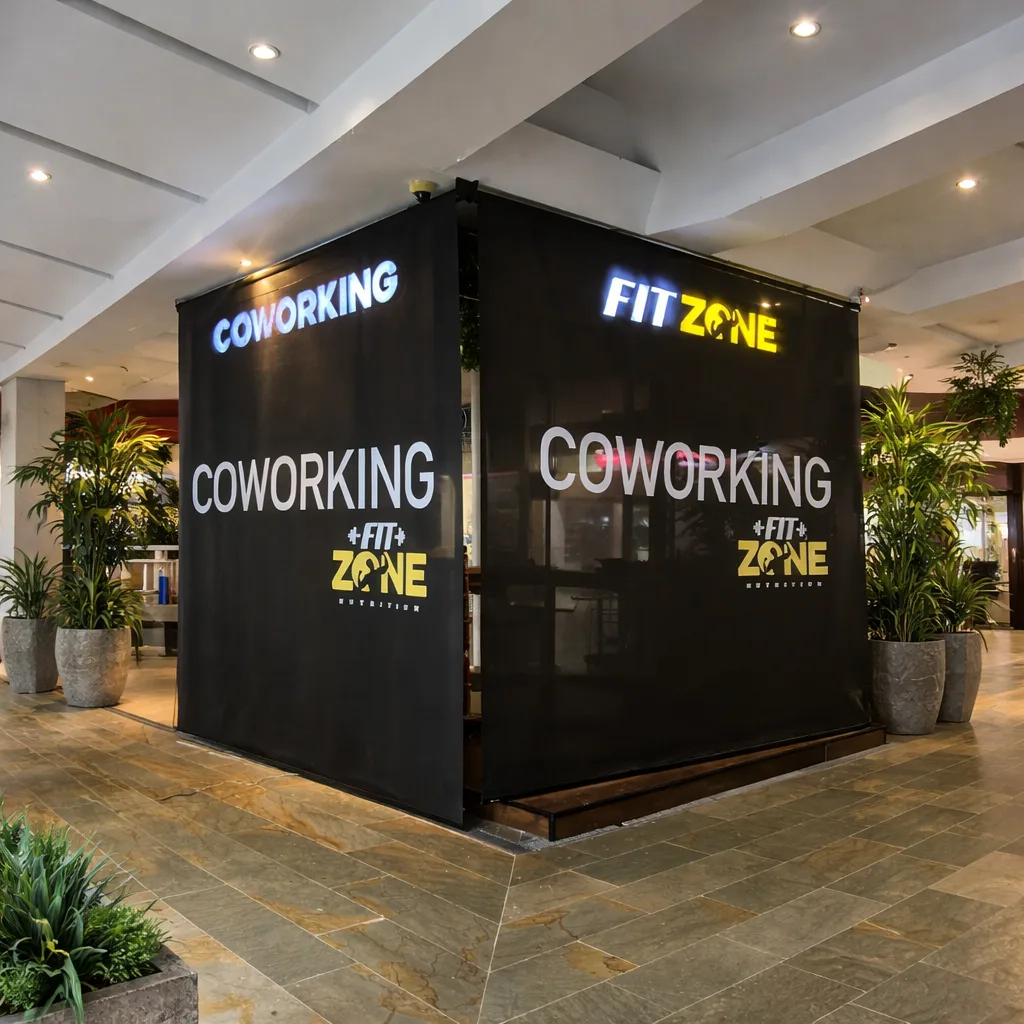 Toldos proyectantes y cortinas exteriores en fachada de coworking en Cali